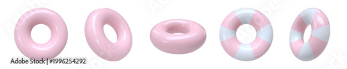 Vector set of realistic 3D rendered swimming rings. Inflatable swim rings in soft pastel pink and pink-white striped. Round Pool floats shown from different angles, isolated. Rubber rings for Pool fun