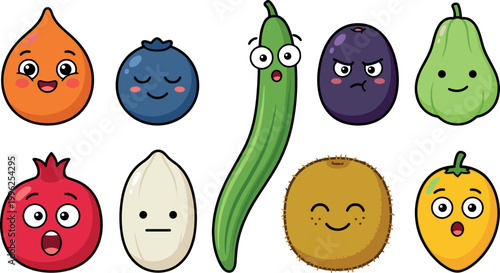 Playful fruit and vegetable characters with expressive emotions for children’s books, sticker packs, branding mascots, and creative educational projects
