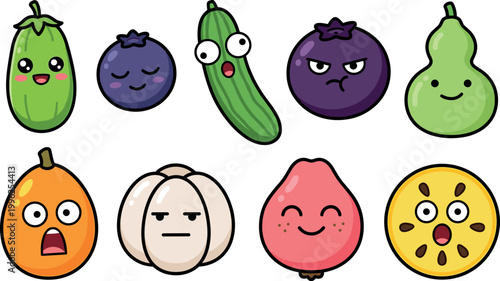 Playful fruit and vegetable characters with expressive emotions for children’s learning materials, sticker collections, branding mascots, and creative art projects