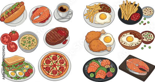 Fast food and breakfast dishes vector set with hotdog steak pizza salmon eggs and fries meal illustration collection isolated design