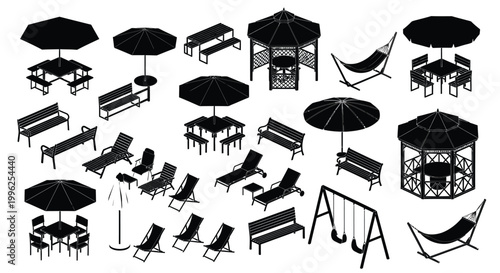 Black silhouettes of outdoor furniture including tables chairs and gazebos silhouette