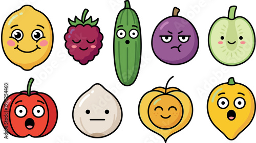 Whimsical fruit and vegetable faces with emotions for children’s activity books, playful sticker packs, branding mascots, and creative design projects