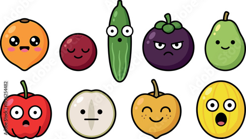 Cheerful fruit and vegetable faces with emotions for children’s activity sheets, playful sticker packs, branding mascots, and creative design projects