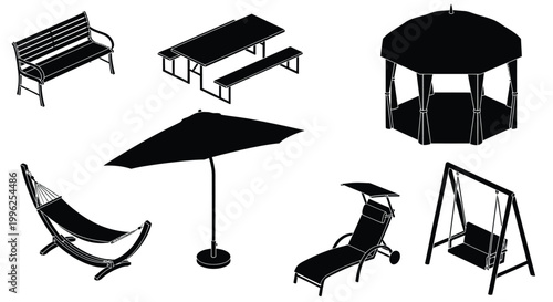 Outdoor furniture collection in black including a gazebo and swing silhouette