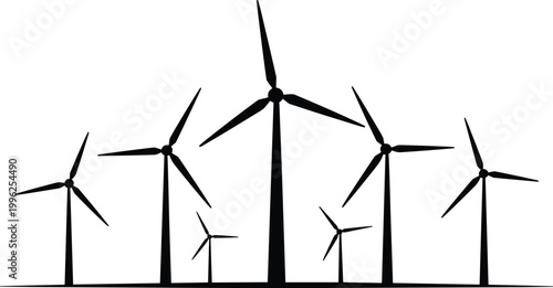 Five modern wind turbines generating clean energy against minimalist sky background