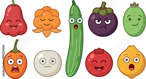 Playful fruit and vegetable faces with emotions for children’s games, creative sticker packs, educational posters, and fun branding mascots