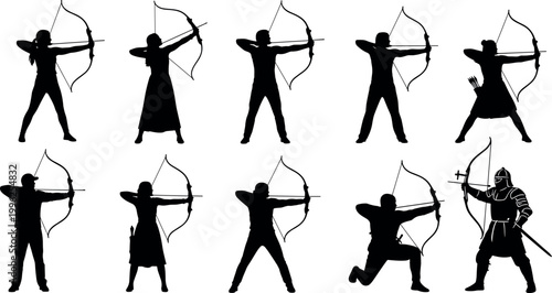 Archer silhouette collection vector set with different poses including standing kneeling and medieval warrior bow and arrow illustration