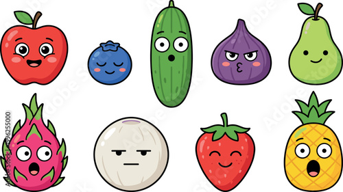 Whimsical fruit and vegetable characters with expressive faces for children’s learning materials, playful sticker packs, and creative design projects