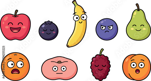 Colorful cartoon vector illustration of assorted fruits with expressive faces showing emotions such as happiness, surprise, anger, sleepiness, neutrality, and contentment
