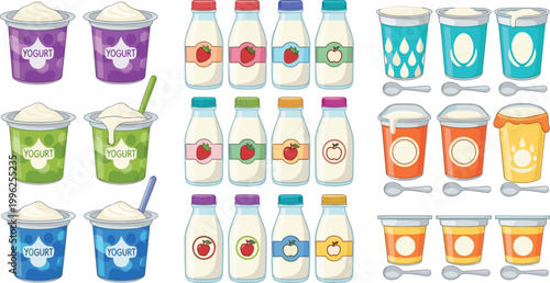 Yogurt cups and drink bottles vector set with fruit flavors dairy products collection isolated packaging illustration design