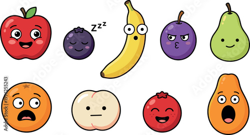 Playful cartoon vector illustration of assorted fruits with expressive faces showing emotions such as happiness, surprise, anger, sleepiness, laughter, and neutrality