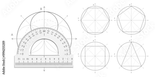 Geometric drawing of circles. School geometry. Mathematical construction of figures . Vector illustration.