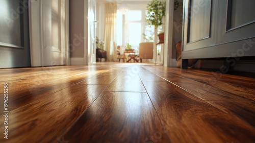 High quality photo of low angle shot focuses on luxury vinyl plank flooring inside home. Floor wood planks create warm, cozy ambiance in house interior. Laminate parquet design.