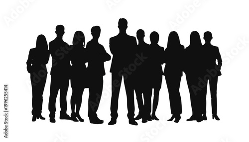 Business people stand together in a row to represent a strong and united team for corporate success.