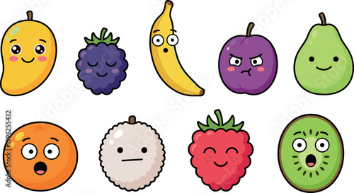   
Colorful cartoon vector illustration of assorted fruits with expressive faces showing emotions such as happiness, surprise, anger, sleepiness, neutrality, and cheerfulness