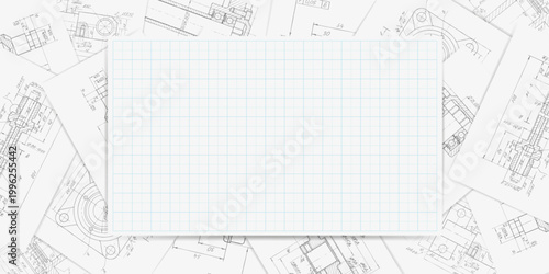 White sheet of paper in a cage. Technology banner. Technical drawing . Engineering industrial background. Vector illustration.