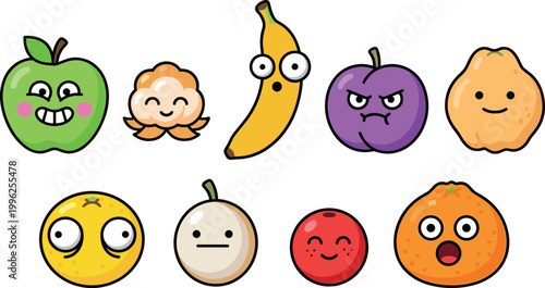 Colorful cartoon vector illustration of assorted fruits and foods with expressive faces showing emotions such as happiness, surprise, anger, shock, and neutrality