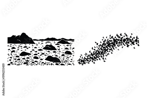 Rocky ground landscape with scattered stones and a dynamic swarm of flying