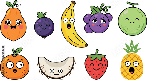 Playful cartoon vector illustration of assorted fruits with expressive faces showing emotions such as happiness, surprise, sleepiness, and cheerful contentment