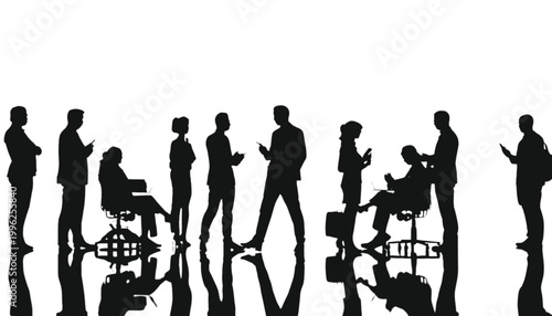 Businesspeople interact in a busy office environment depicted through a series of dark silhouettes.