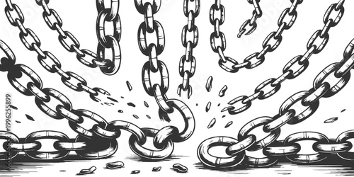 Breaking heavy metal chains with flying shattered links concept of freedom and liberation vector illustration.
