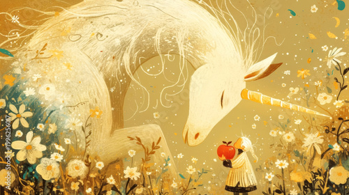 Illustration of a white unicorn with a golden mane interacting with a child holding a red apple in a vibrant floral landscape filled with colorful flowers and leaves
