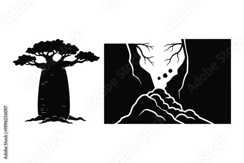 Baobab tree silhouette and underground roots with falling debris, underground