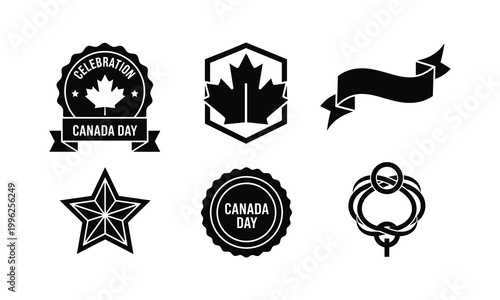 Canada day labels and maple leaf badges with ribbon and star vector line art illustration.