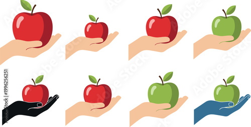 Bild auf Leinwand Hands holding red and green apples vector set with different styles and skin ton