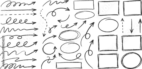 Hand drawn marker sketch arrows circles and rectangle frames doodle design elements collection vector illustration.