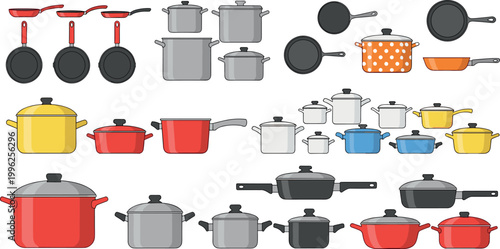 Cookware collection vector set with pots pans saucepans and kitchen utensils colorful and metallic cooking equipment isolated flat design