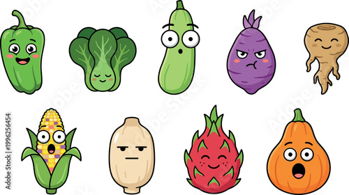 Cute Cartoon Vegetable and Fruit Characters Set with Green Pepper Bok Choy Cucumber Sweet Potato Ginger Corn Bottle Gourd Dragon Fruit Pumpkin Funny Faces Vector Illustration