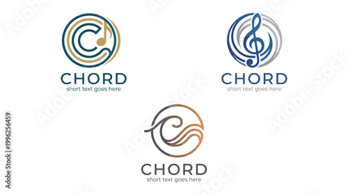 This image presents a series of creative logo designs for the Chord brand, showcasing musical notes and waves that express rhythm and harmony in design.