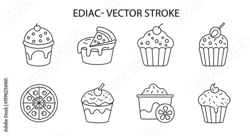 Set of eight stylized food icons including cupcakes and pizza slices.