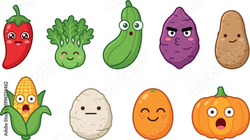 Cute Cartoon Vegetable and Fruit Characters Set with Red Chili Celery Zucchini Sweet Potato Potato Corn Taro Orange Pumpkin Funny Faces Vector Illustration