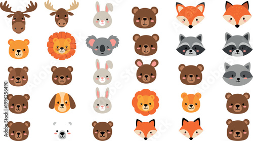Cute animal faces vector set with bear fox rabbit lion raccoon and koala cartoon characters collection flat design illustration