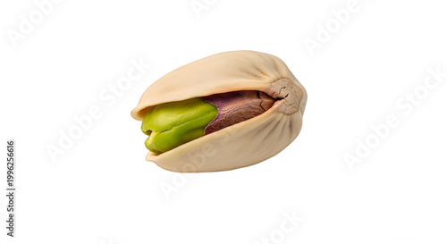 Single pistachio nut with shell open revealing green seed isolated on transparent background