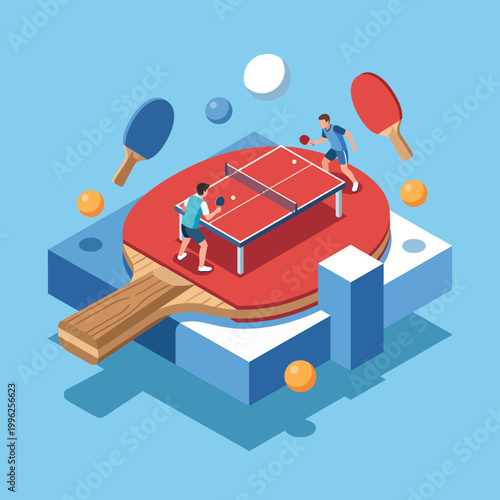 Two players enthusiastically compete in a lively table tennis match, depicted in a creative 3D illustration, highlighting the sport's dynamic action and competitive spirit.