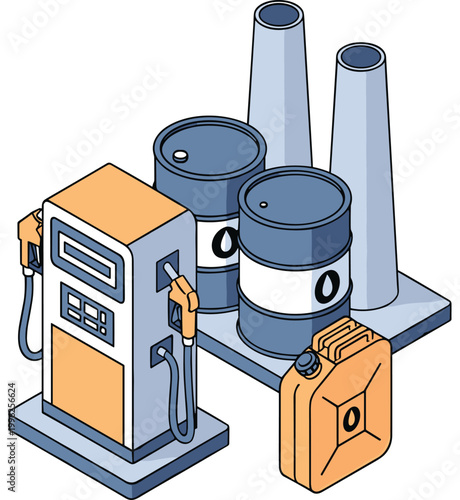 Gas pump with oil barrels and can in industrial setting for energy and fuel concepts