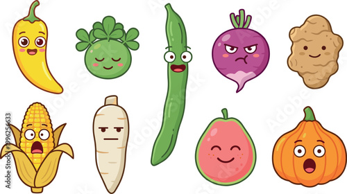 Cute Cartoon Vegetable and Fruit Characters Set with Banana Clover Cucumber Beetroot Ginger Corn Parsnip Guava Pumpkin Funny Faces Vector Illustration