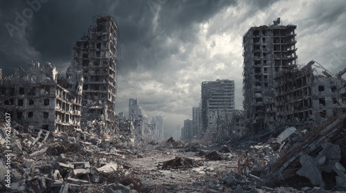 High quality photo of post apocalypse after war or earthquake, apocalyptic destroyed city.