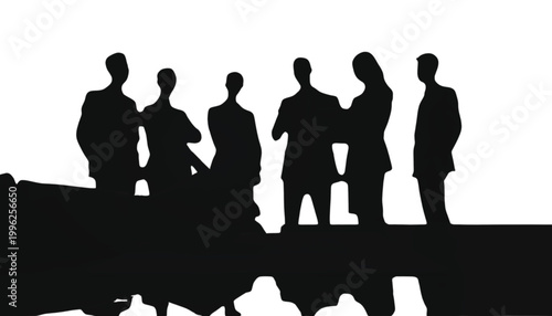 Businesspeople stand together in a professional silhouette lineup against a bright white background.