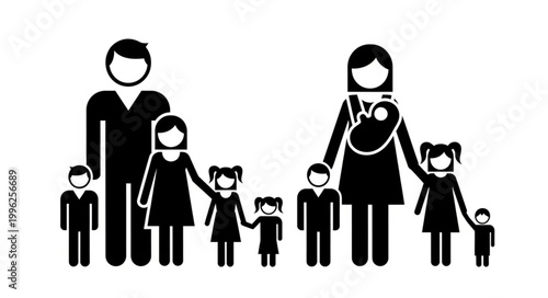 Diverse family groups represented by simple stick figures.