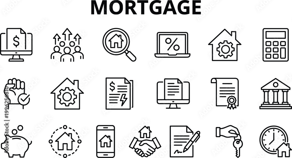 Fototapeta premium Mortgage finance icon set featuring home loans property investment banking documents interest rates and real estate financing outline vector collection