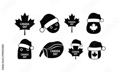 Canada day maple leaf vector set with santa hat illustration silhouette line art stickers.