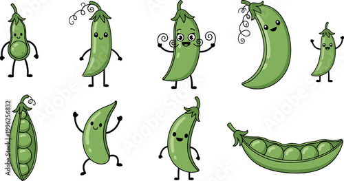 Cute green pea characters vector set with funny faces, cartoon vegetables collection including pod and peas isolated illustration design