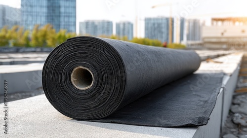 High quality photo of roll of black waterproofing membrane material on a rooftop construction site.