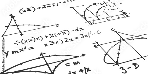 Hand drawn mathematical equations and physics formulas with graphs and charts on white background vector illustration.