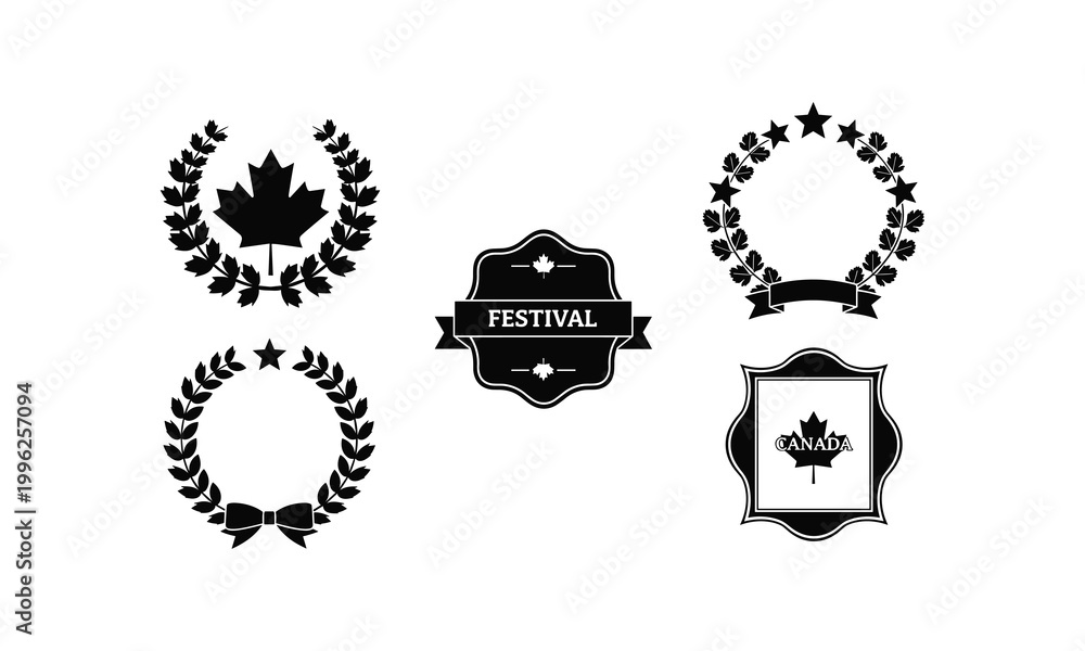 Obraz premium Canada festival and awards emblems with maple leaf and laurel wreaths.