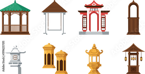 Asian architecture collection set with traditional temples pavilions and lantern structures isolated vector illustration cultural landmark design bundle